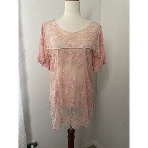 En Creme Womens M Pink Lace Sheer Blouse Floral Boho Romantic Feminine Coquette
